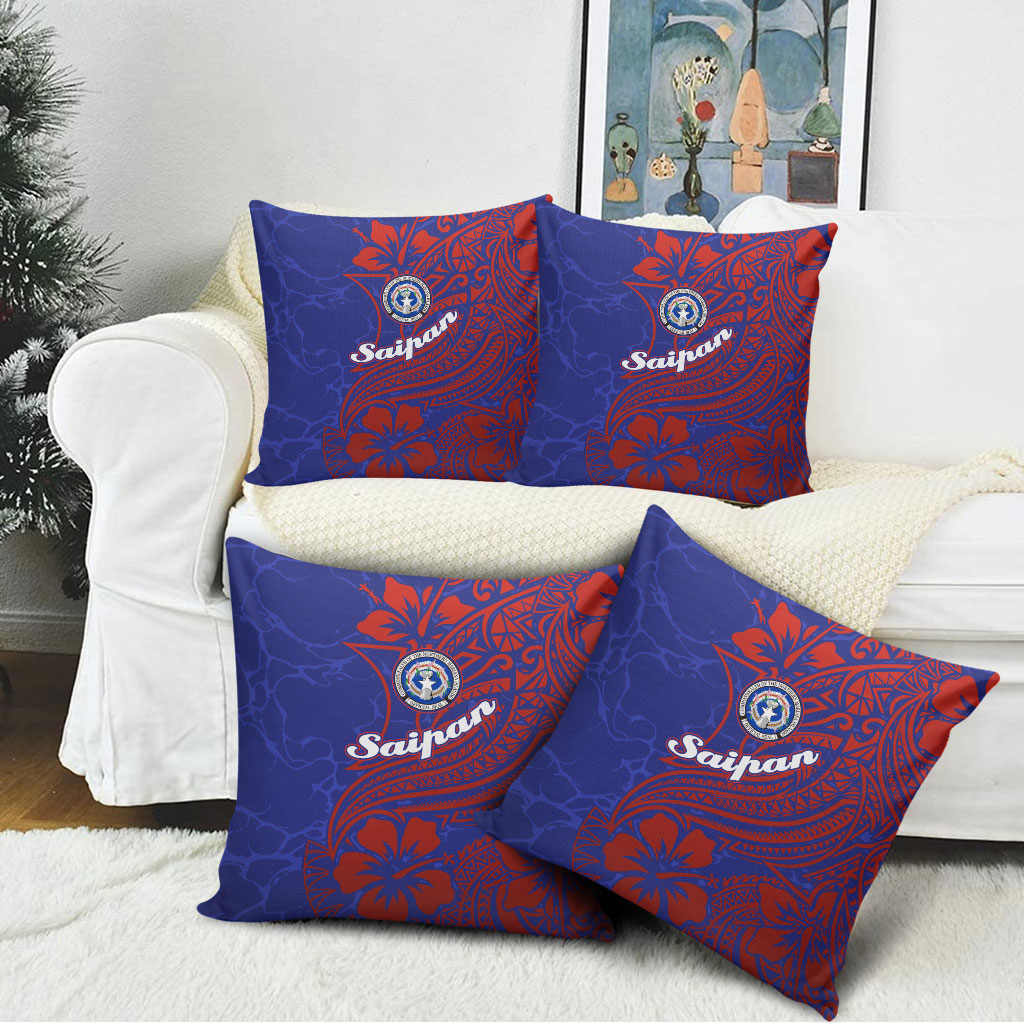 Saipan Northern Mariana Islands Pillow Cover Polynesian Tribal Tattoo Art With Hibiscus Flowers And Seal