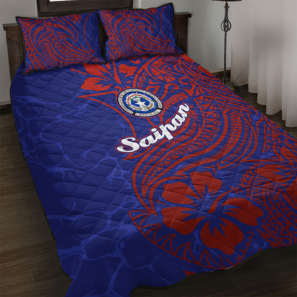 Saipan Northern Mariana Islands Quilt Bed Set Polynesian Tribal Tattoo Art With Hibiscus Flowers And Seal