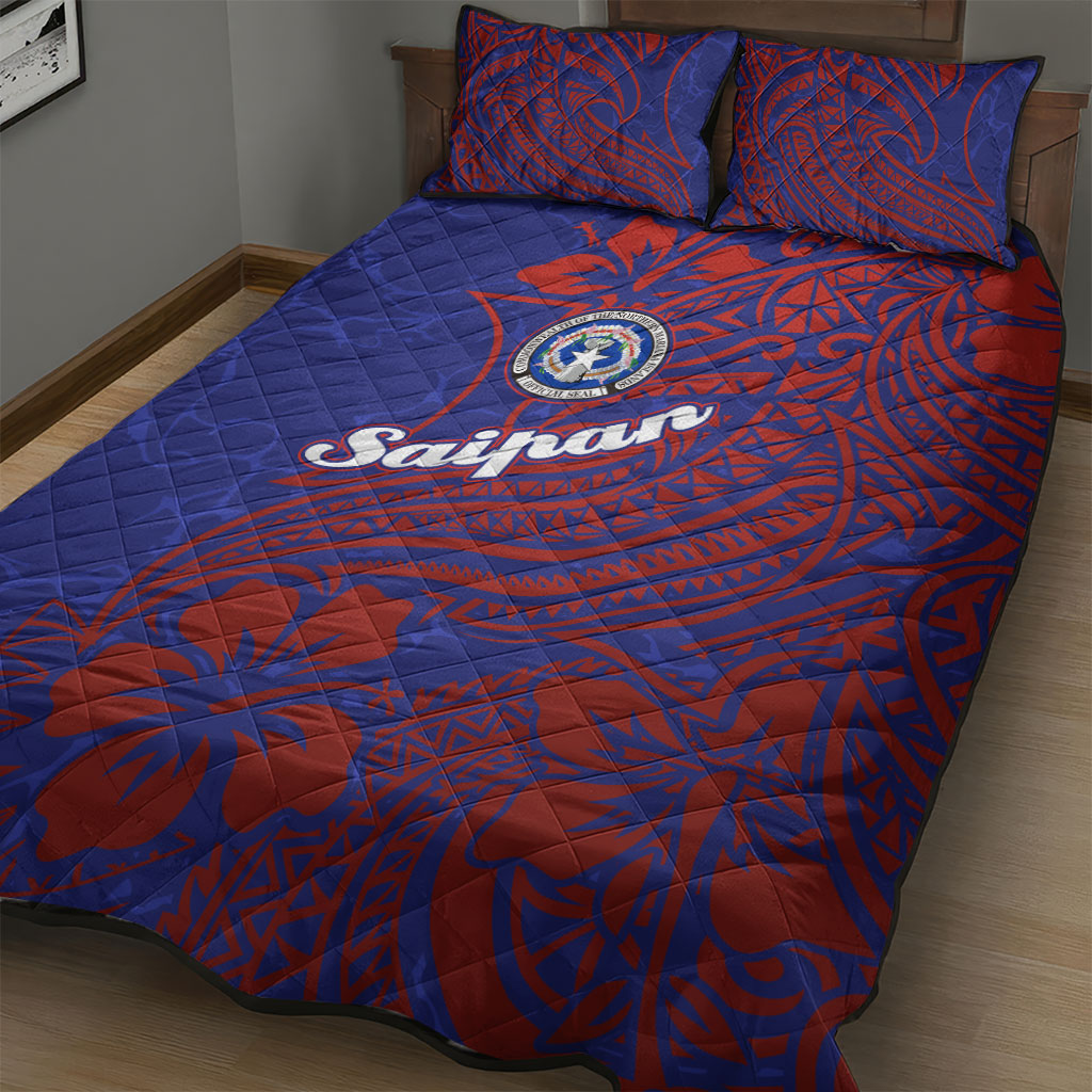 Saipan Northern Mariana Islands Quilt Bed Set Polynesian Tribal Tattoo Art With Hibiscus Flowers And Seal