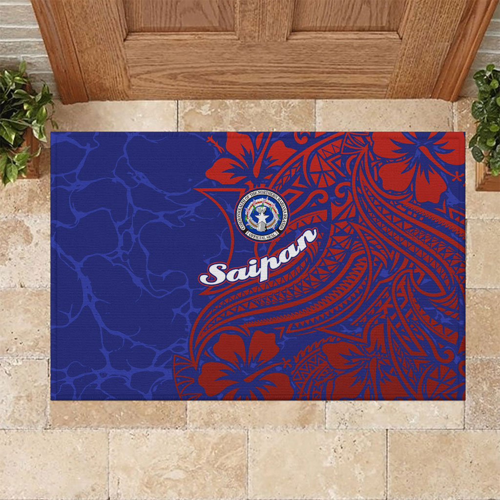 Saipan Northern Mariana Islands Rubber Doormat Polynesian Tribal Tattoo Art With Hibiscus Flowers And Seal