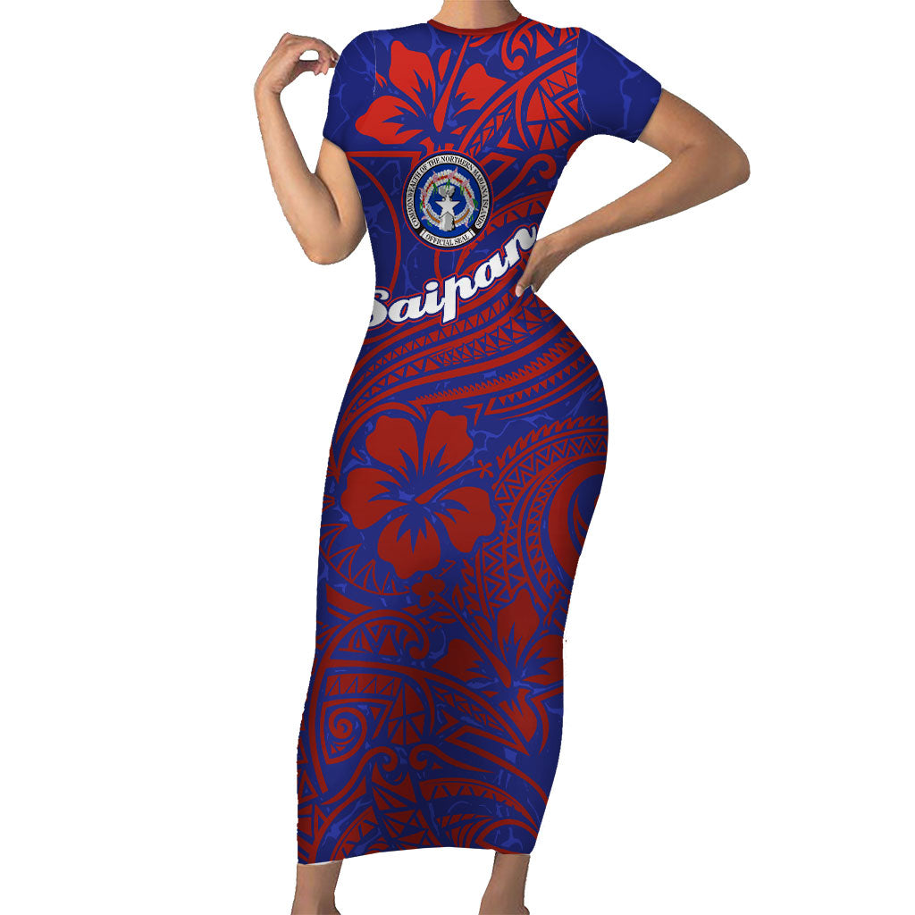 Saipan Northern Mariana Islands Short Sleeve Bodycon Dress Polynesian Tribal Tattoo Art With Hibiscus Flowers And Seal