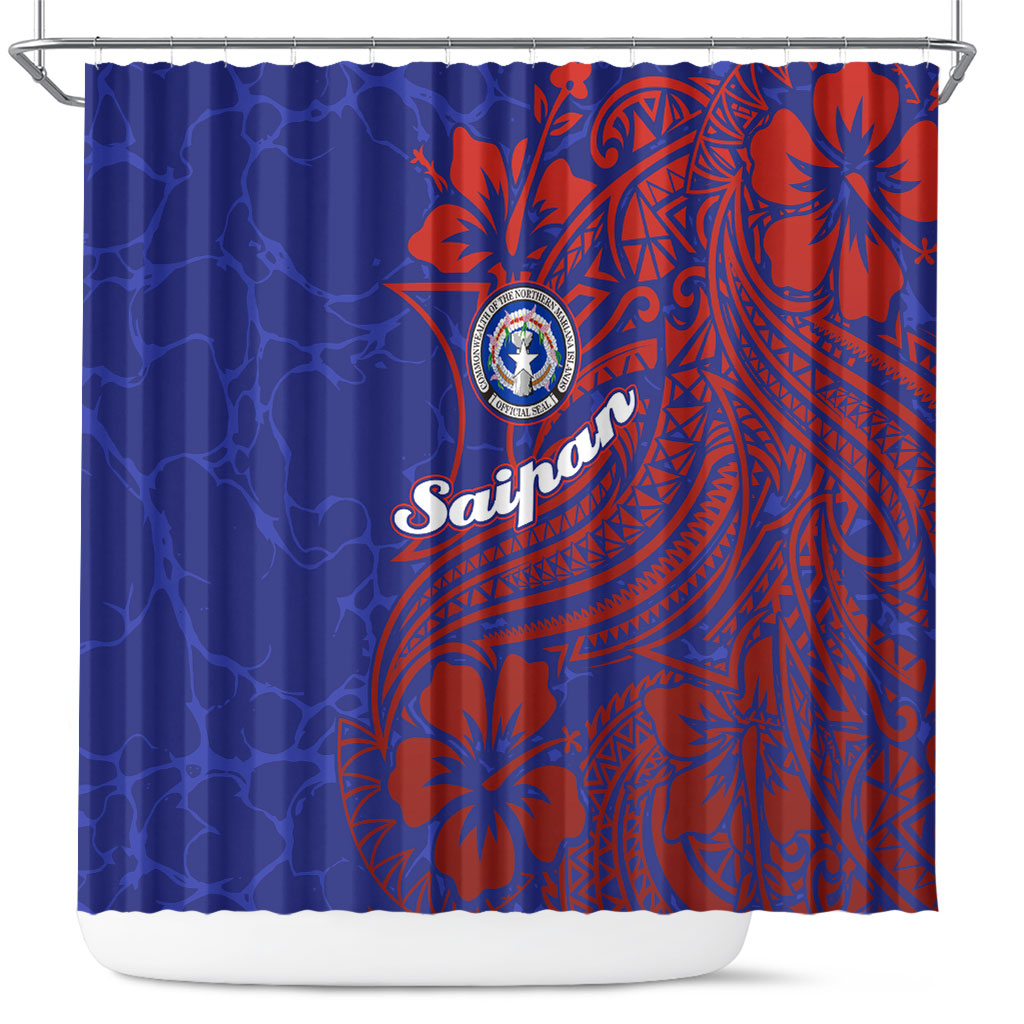 Saipan Northern Mariana Islands Shower Curtain Polynesian Tribal Tattoo Art With Hibiscus Flowers And Seal