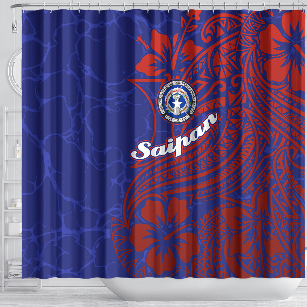 Saipan Northern Mariana Islands Shower Curtain Polynesian Tribal Tattoo Art With Hibiscus Flowers And Seal