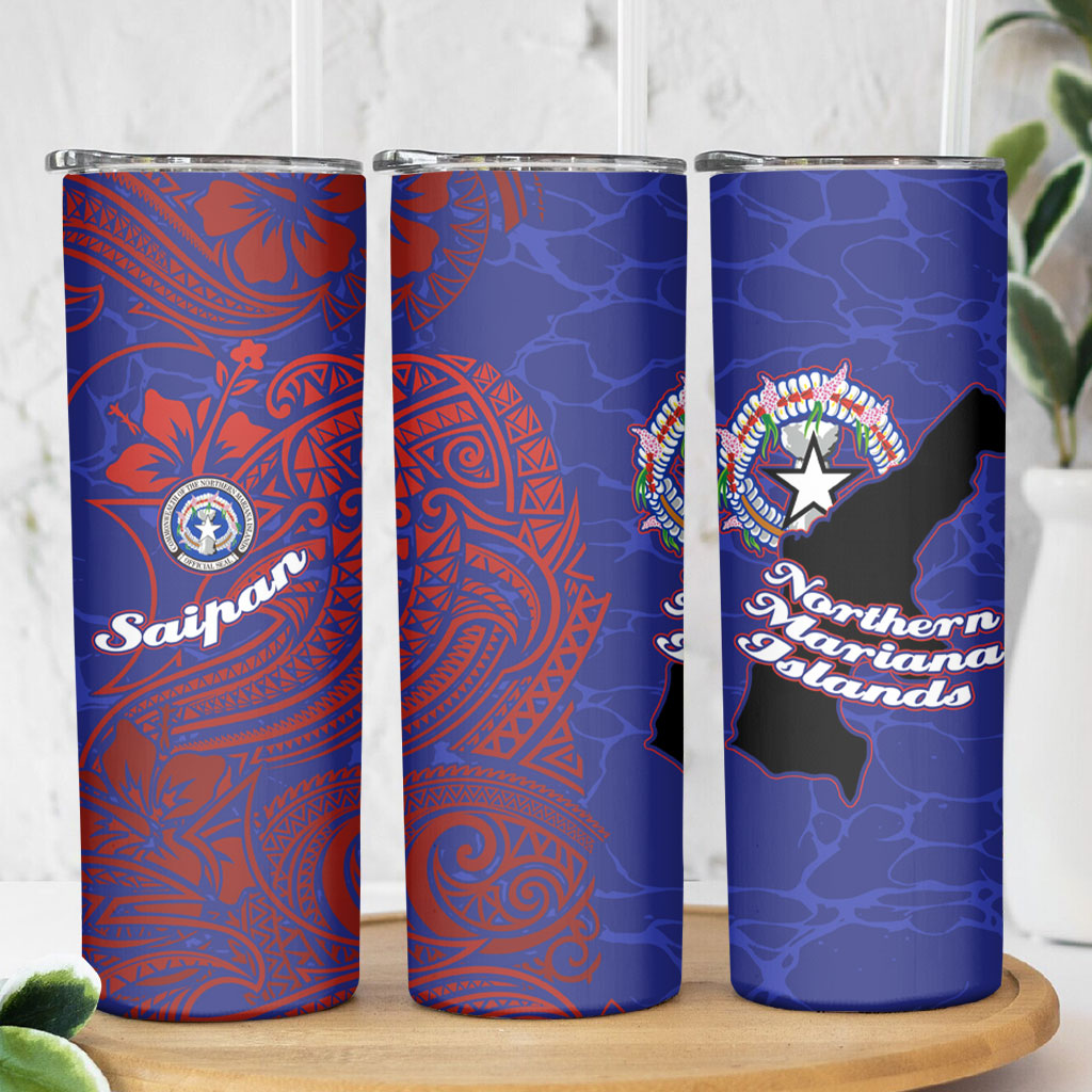 Saipan Northern Mariana Islands Skinny Tumbler Polynesian Tribal Tattoo Art With Hibiscus Flowers And Seal