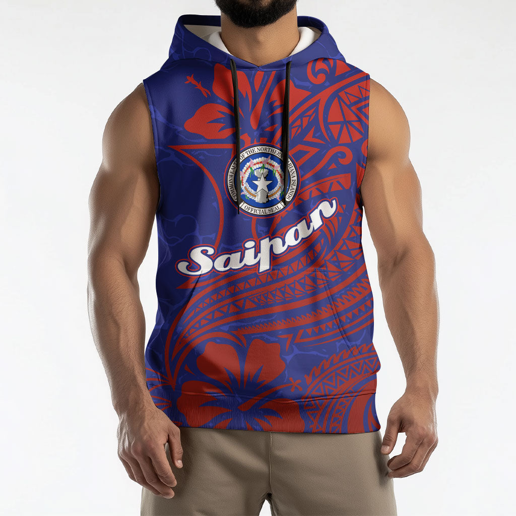 Saipan Northern Mariana Islands Sleeveless Hoodie Polynesian Tribal Tattoo Art With Hibiscus Flowers And Seal
