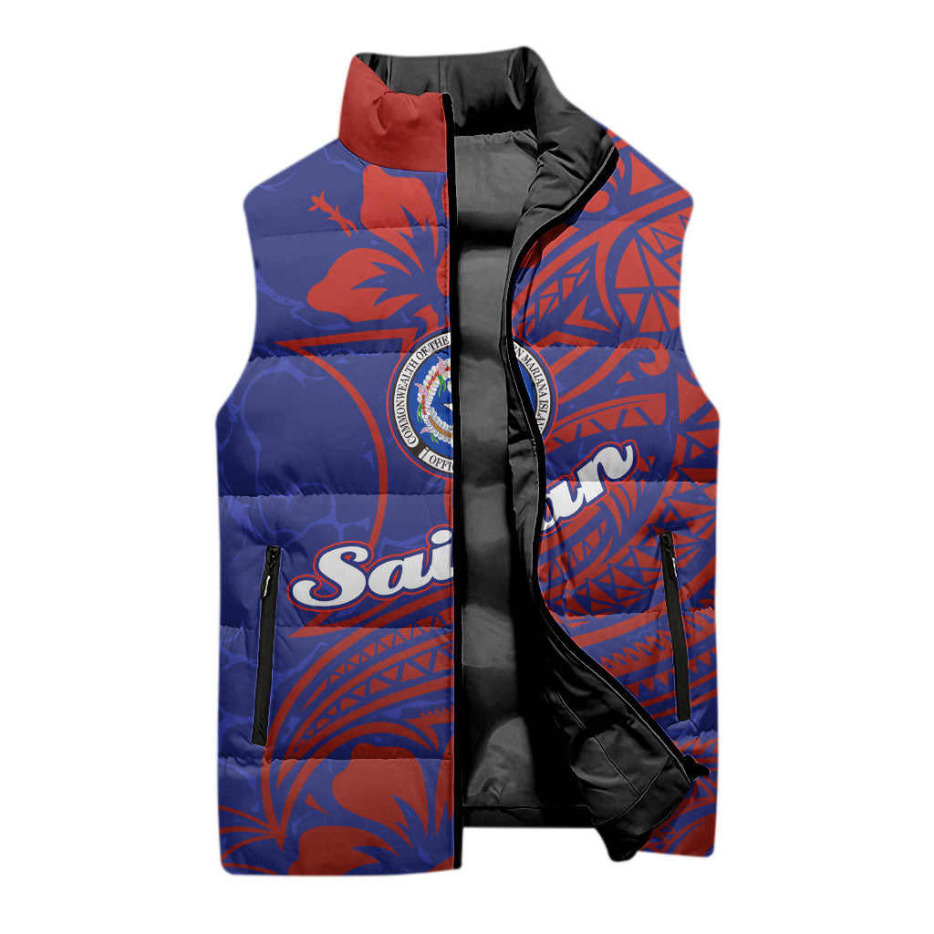 Saipan Northern Mariana Islands Sleeveless Puffer Jacket Polynesian Tribal Tattoo Art With Hibiscus Flowers And Seal
