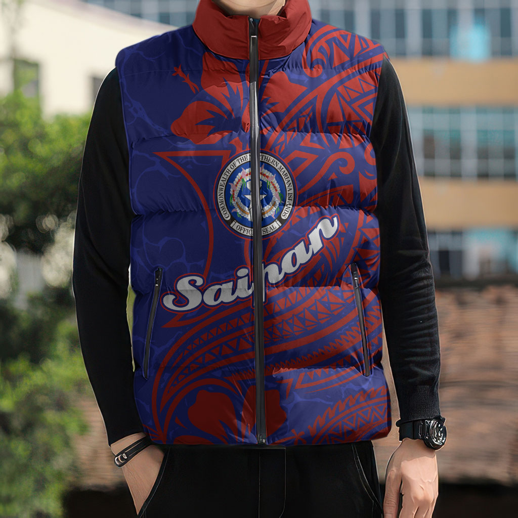 Saipan Northern Mariana Islands Sleeveless Puffer Jacket Polynesian Tribal Tattoo Art With Hibiscus Flowers And Seal