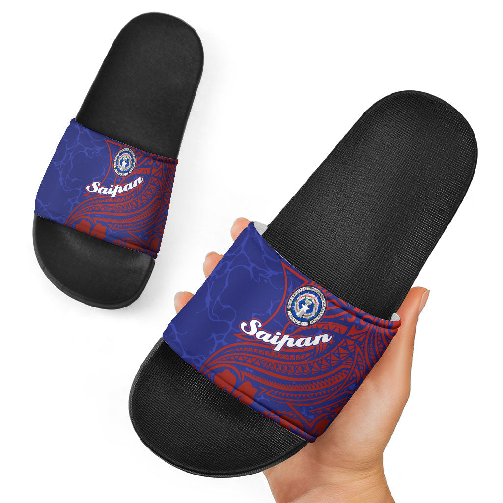 Saipan Northern Mariana Islands Slide Sandals Polynesian Tribal Tattoo Art With Hibiscus Flowers And Seal