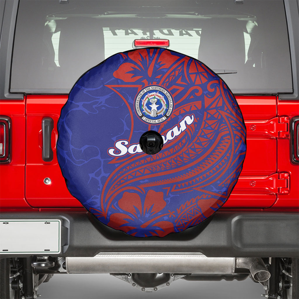 Saipan Northern Mariana Islands Spare Tire Cover Polynesian Tribal Tattoo Art With Hibiscus Flowers And Seal