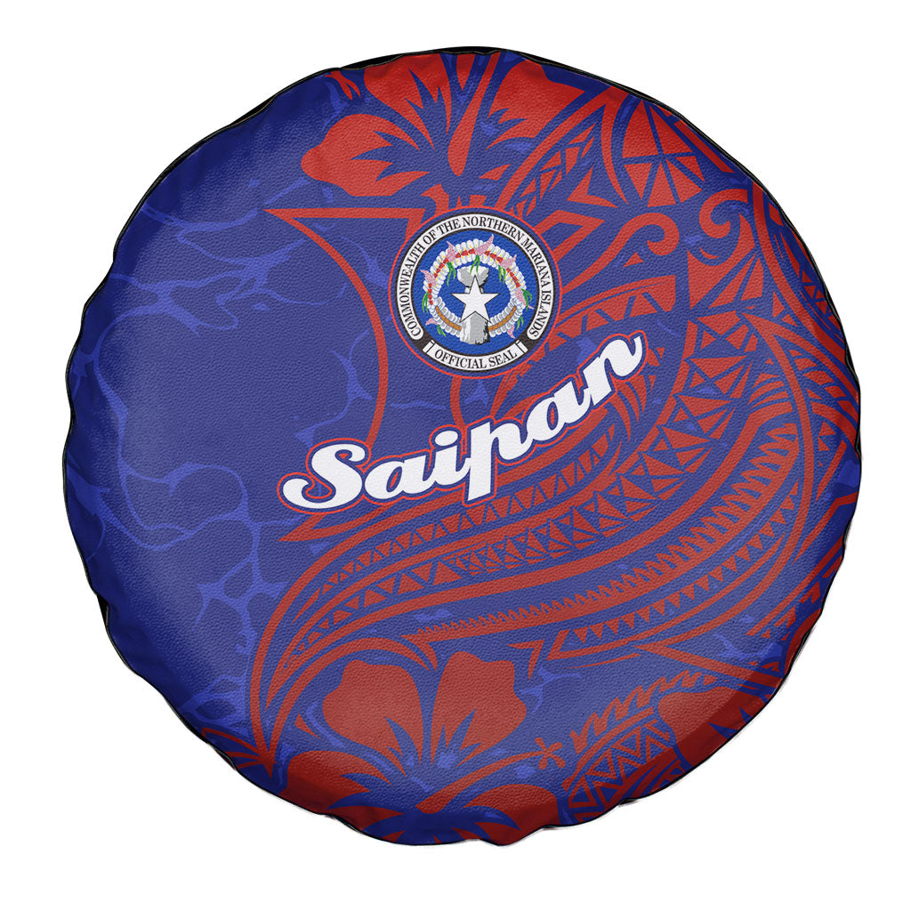 Saipan Northern Mariana Islands Spare Tire Cover Polynesian Tribal Tattoo Art With Hibiscus Flowers And Seal