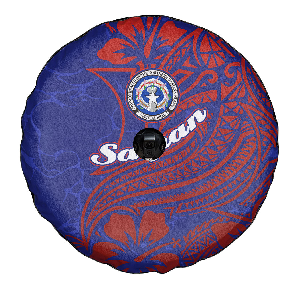 Saipan Northern Mariana Islands Spare Tire Cover Polynesian Tribal Tattoo Art With Hibiscus Flowers And Seal
