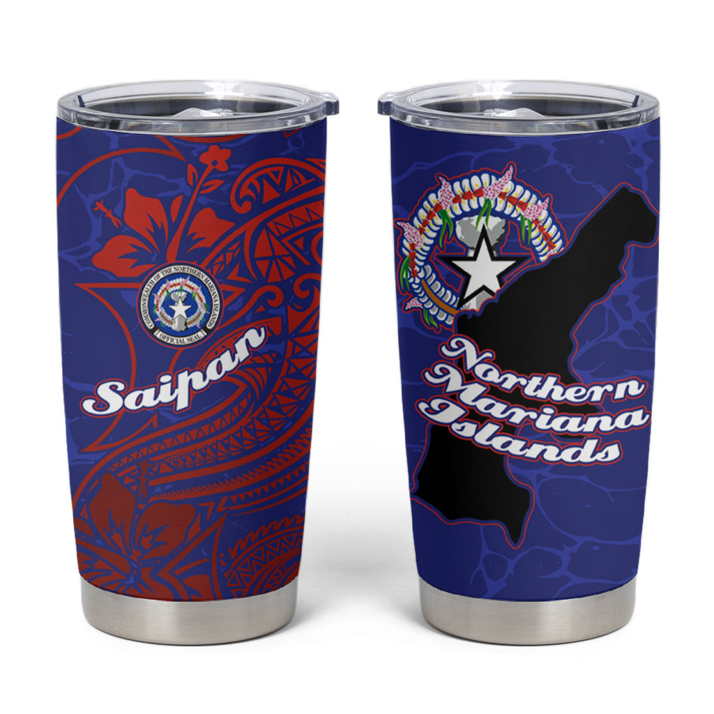 Saipan Northern Mariana Islands Tumbler Cup Polynesian Tribal Tattoo Art With Hibiscus Flowers And Seal