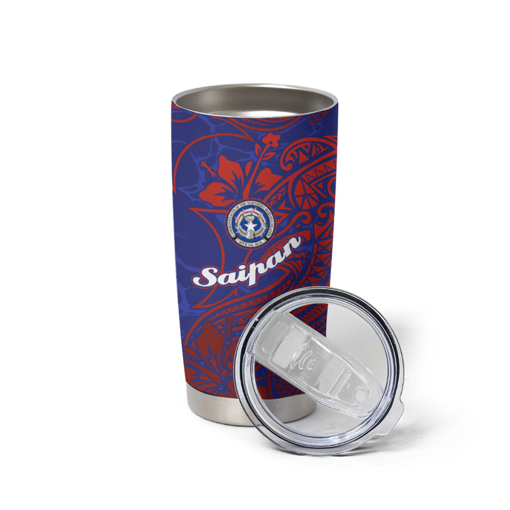 Saipan Northern Mariana Islands Tumbler Cup Polynesian Tribal Tattoo Art With Hibiscus Flowers And Seal