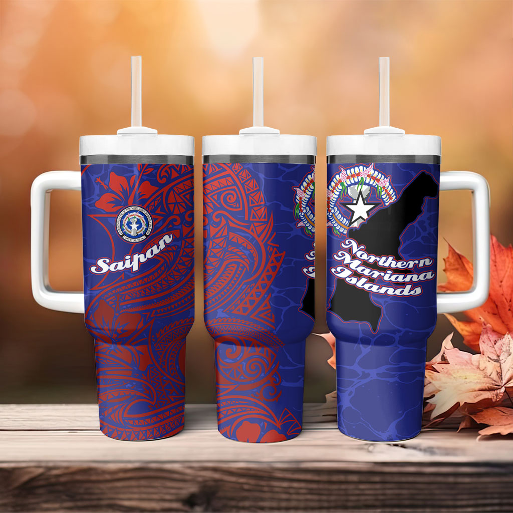Saipan Northern Mariana Islands Tumbler With Handle Polynesian Tribal Tattoo Art With Hibiscus Flowers And Seal