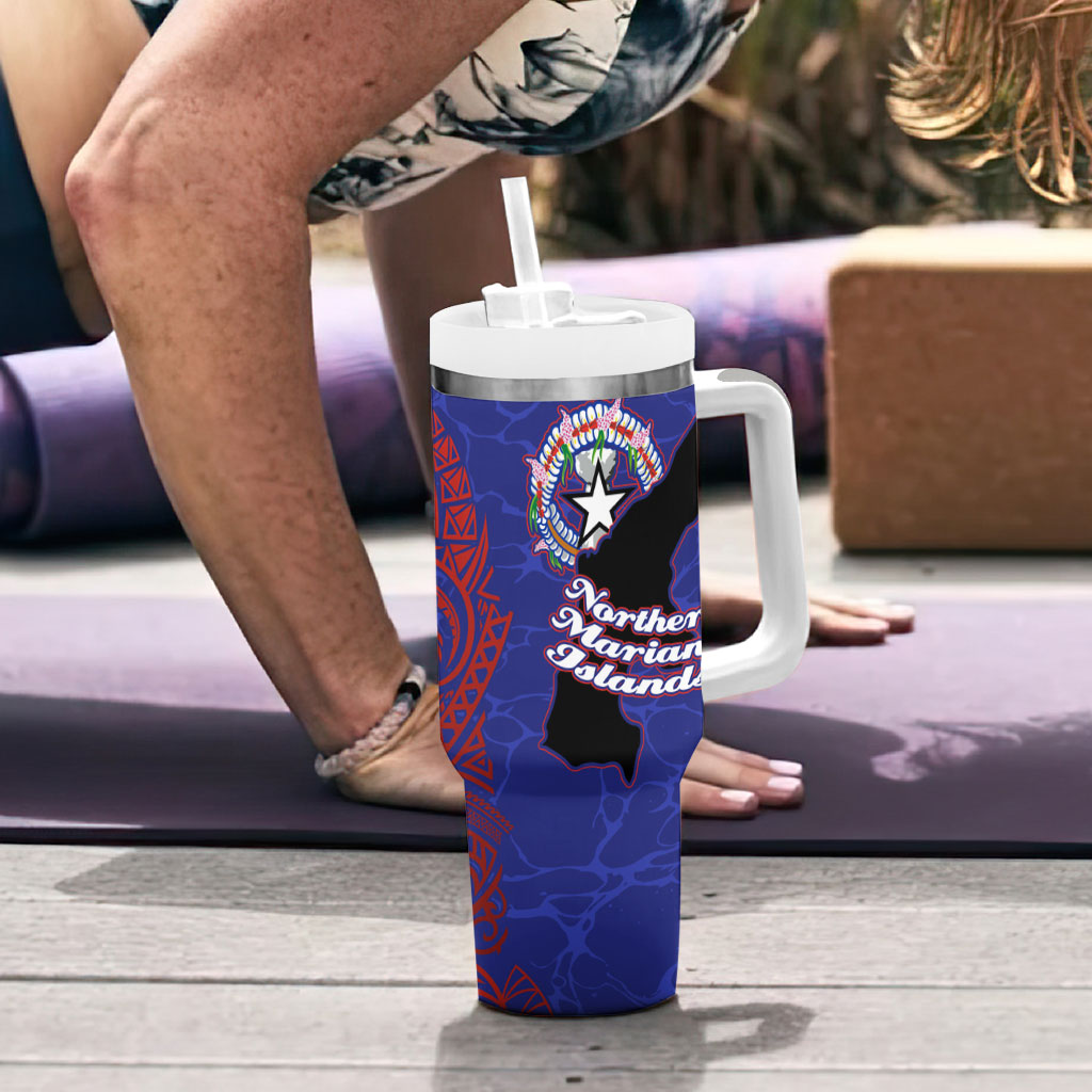 Saipan Northern Mariana Islands Tumbler With Handle Polynesian Tribal Tattoo Art With Hibiscus Flowers And Seal