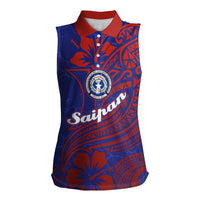 Saipan Northern Mariana Islands Women Sleeveless Polo Shirt Polynesian Tribal Tattoo Art With Hibiscus Flowers And Seal