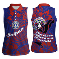 Saipan Northern Mariana Islands Women Sleeveless Polo Shirt Polynesian Tribal Tattoo Art With Hibiscus Flowers And Seal