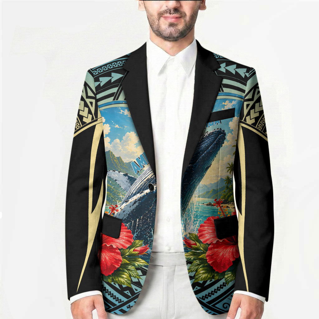 Personalized Masefau American Samoa Whale Blazer Polynesian Tribal Pattern Tropical Hibiscus