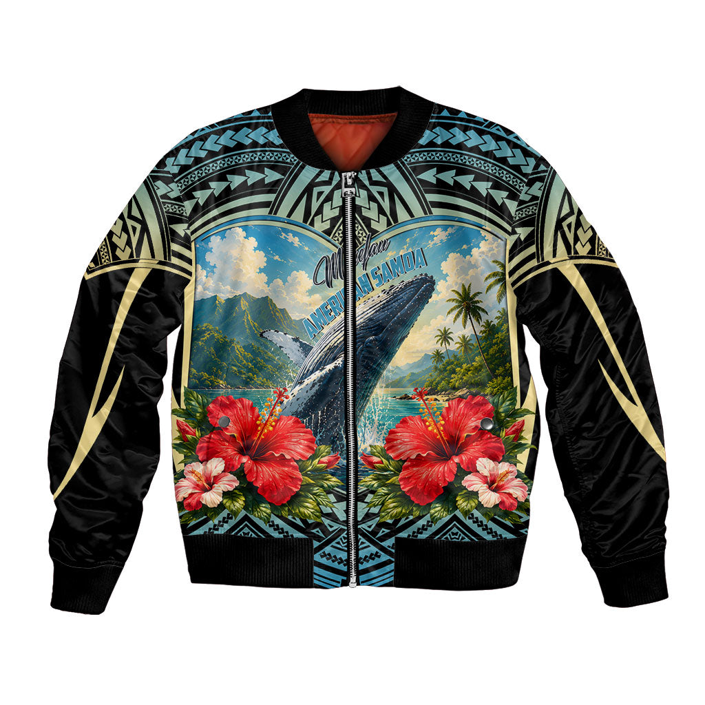 Personalized Masefau American Samoa Whale Bomber Jacket Polynesian Tribal Pattern Tropical Hibiscus TS04 Unisex Black Blue - Polynesian Pride