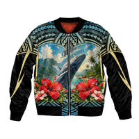 Personalized Masefau American Samoa Whale Bomber Jacket Polynesian Tribal Pattern Tropical Hibiscus TS04 Unisex Black Blue - Polynesian Pride