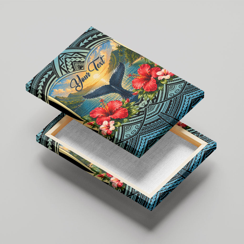 Personalized Masefau American Samoa Whale Canvas Wall Art Polynesian Tribal Pattern Tropical Hibiscus