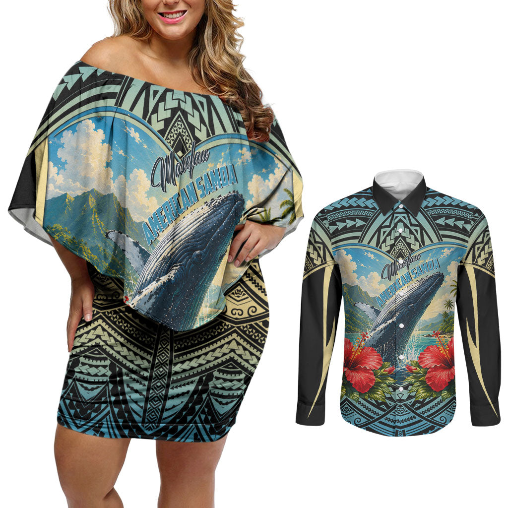 Personalized Masefau American Samoa Whale Couples Matching Off Shoulder Short Dress and Long Sleeve Button Shirt Polynesian Tribal Pattern Tropical Hibiscus TS04 Black Blue - Polynesian Pride