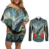 Personalized Masefau American Samoa Whale Couples Matching Off Shoulder Short Dress and Long Sleeve Button Shirt Polynesian Tribal Pattern Tropical Hibiscus TS04 Black Blue - Polynesian Pride