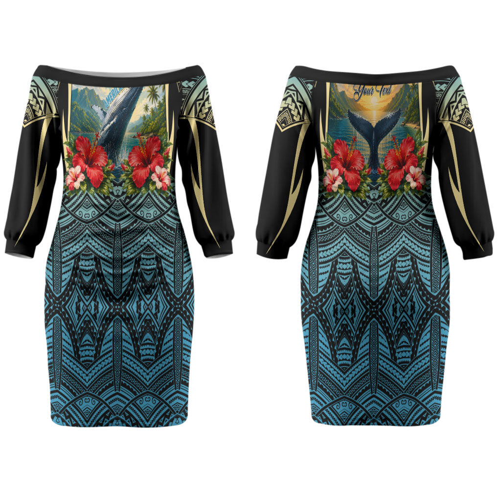 Personalized Masefau American Samoa Whale Couples Matching Off The Shoulder Long Sleeve Dress and Hawaiian Shirt Polynesian Tribal Pattern Tropical Hibiscus TS04 - Polynesian Pride