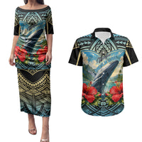 Personalized Masefau American Samoa Whale Couples Matching Puletasi and Hawaiian Shirt Polynesian Tribal Pattern Tropical Hibiscus TS04 Black Blue - Polynesian Pride