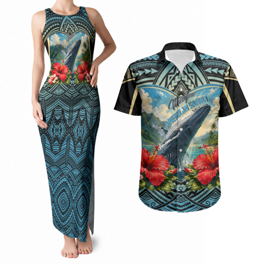 Personalized Masefau American Samoa Whale Couples Matching Tank Maxi Dress and Hawaiian Shirt Polynesian Tribal Pattern Tropical Hibiscus TS04 Black Blue - Polynesian Pride