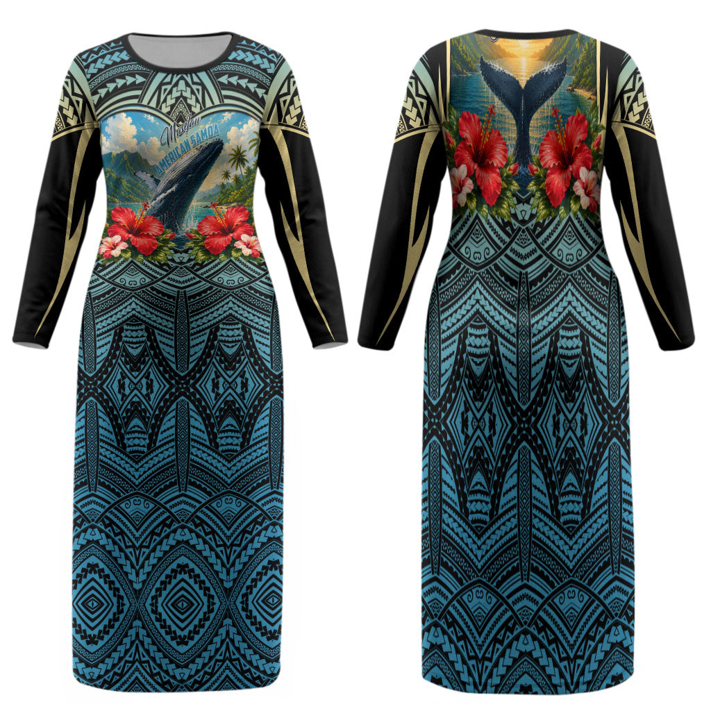 Personalized Masefau American Samoa Whale Family Matching Long Sleeve Bodycon Dress and Hawaiian Shirt Polynesian Tribal Pattern Tropical Hibiscus TS04 Mom's Dress Black Blue - Polynesian Pride