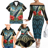 Personalized Masefau American Samoa Whale Family Matching Off The Shoulder Long Sleeve Dress and Hawaiian Shirt Polynesian Tribal Pattern Tropical Hibiscus TS04 - Polynesian Pride