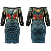 Personalized Masefau American Samoa Whale Family Matching Off The Shoulder Long Sleeve Dress and Hawaiian Shirt Polynesian Tribal Pattern Tropical Hibiscus TS04 Mom's Dress Black Blue - Polynesian Pride