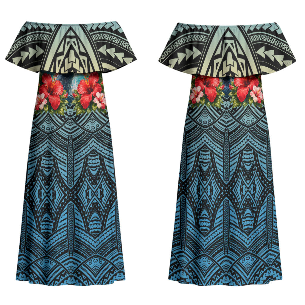 Personalized Masefau American Samoa Whale Family Matching Off Shoulder Maxi Dress and Hawaiian Shirt Polynesian Tribal Pattern Tropical Hibiscus TS04 Mom's Dress Black Blue - Polynesian Pride