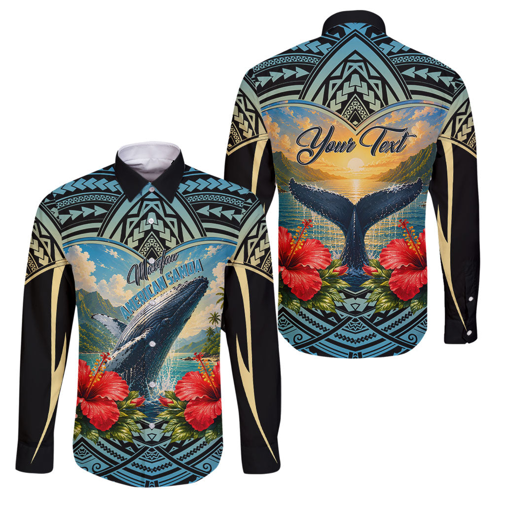Personalized Masefau American Samoa Whale Family Matching Off Shoulder Maxi Dress and Hawaiian Shirt Polynesian Tribal Pattern Tropical Hibiscus TS04 Dad's Shirt - Long Sleeve Black Blue - Polynesian Pride
