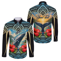 Personalized Masefau American Samoa Whale Family Matching Off Shoulder Maxi Dress and Hawaiian Shirt Polynesian Tribal Pattern Tropical Hibiscus TS04 Dad's Shirt - Long Sleeve Black Blue - Polynesian Pride