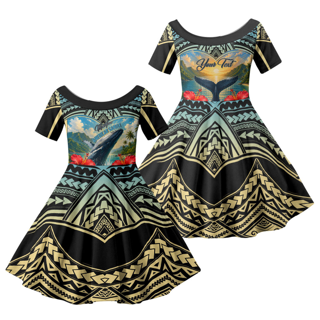 Personalized Masefau American Samoa Whale Family Matching Tank Maxi Dress and Hawaiian Shirt Polynesian Tribal Pattern Tropical Hibiscus TS04 Daughter's Dress Black Blue - Polynesian Pride