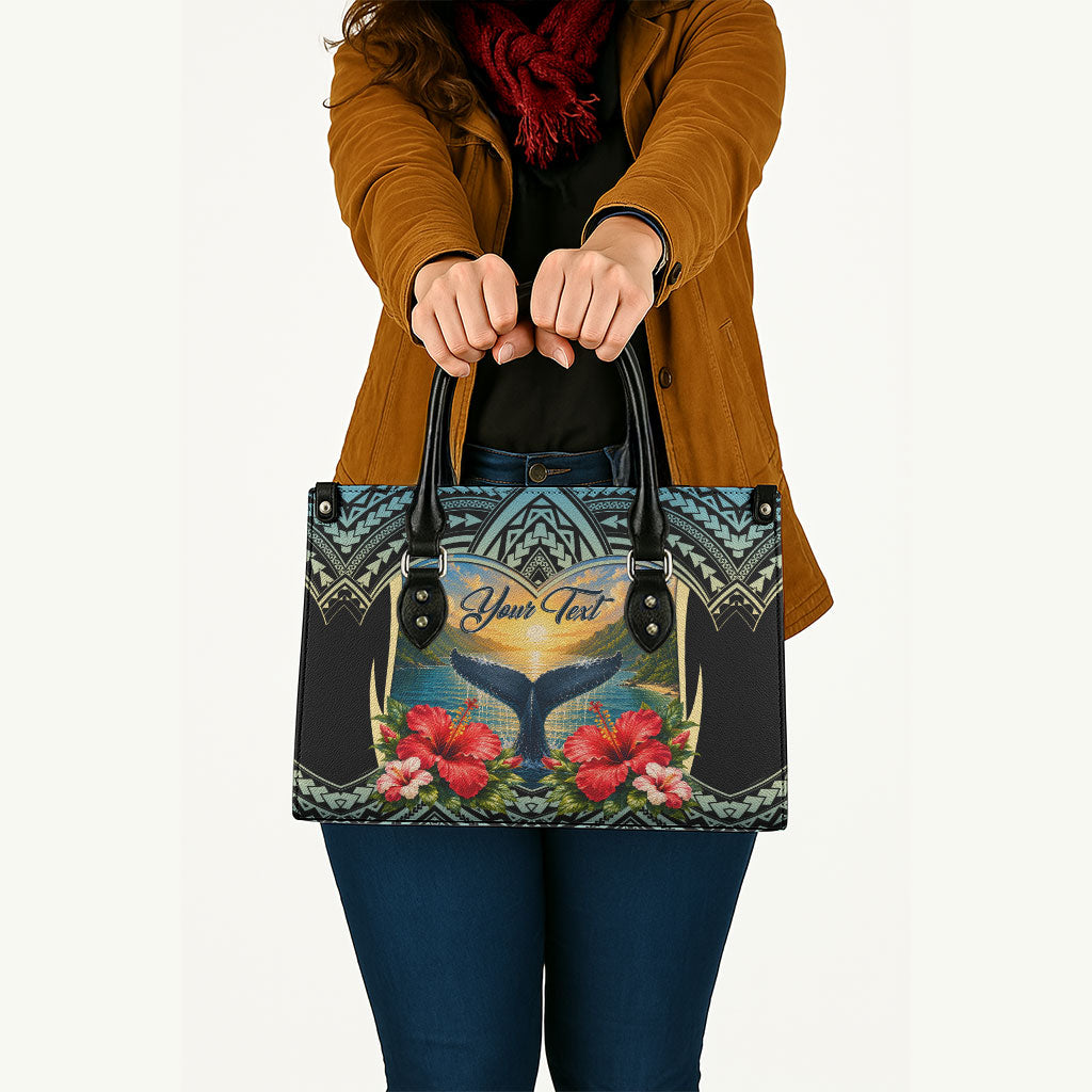 Personalized Masefau American Samoa Whale Leather Bag Polynesian Tribal Pattern Tropical Hibiscus