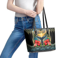 Personalized Masefau American Samoa Whale Leather Tote Bag Polynesian Tribal Pattern Tropical Hibiscus