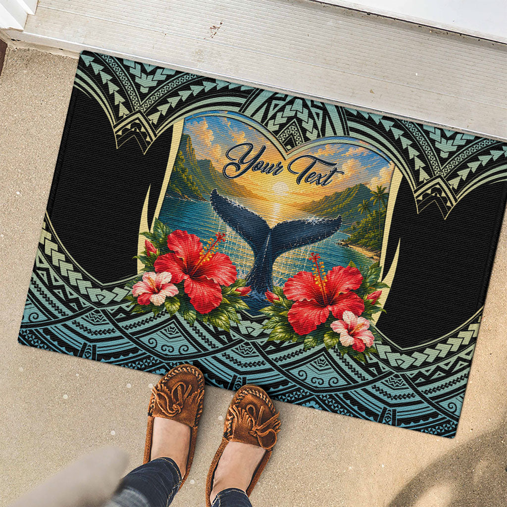 Personalized Masefau American Samoa Whale Rubber Doormat Polynesian Tribal Pattern Tropical Hibiscus