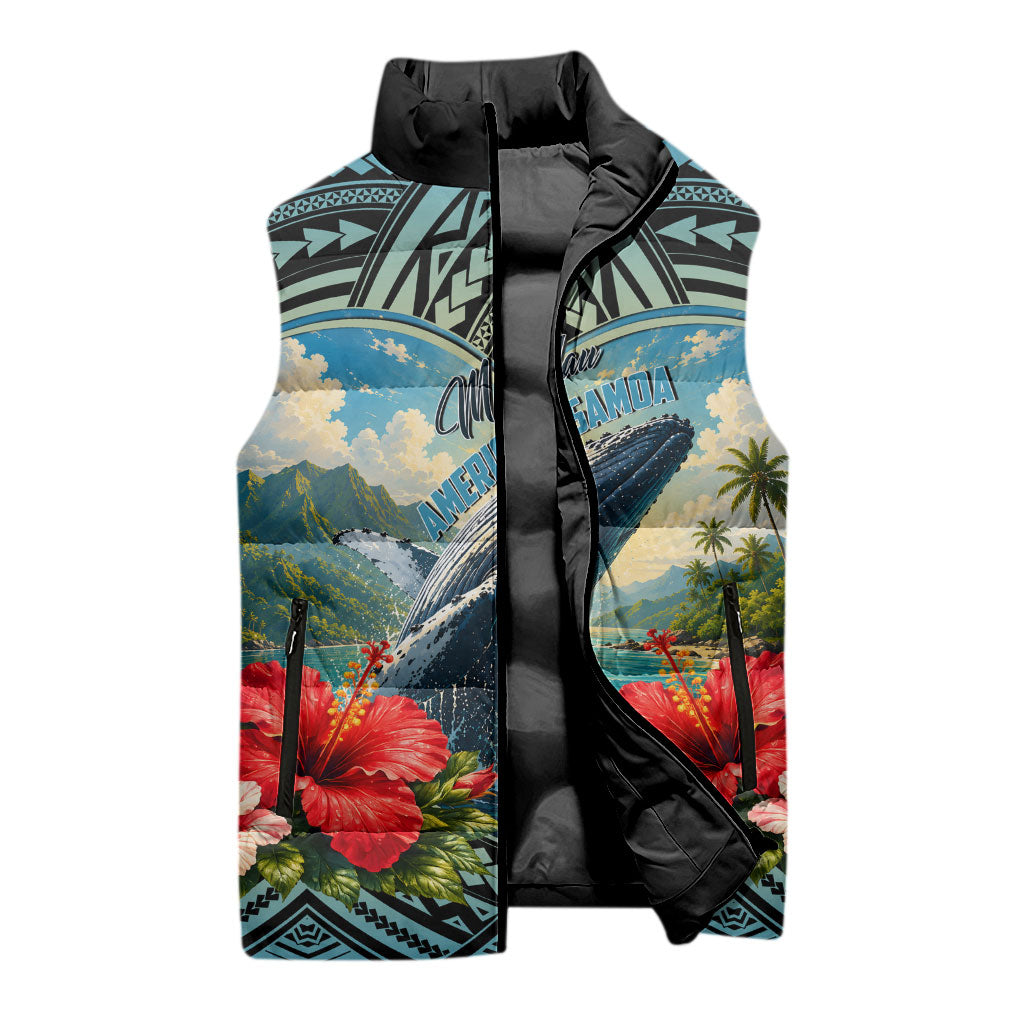 Personalized Masefau American Samoa Whale Sleeveless Puffer Jacket Polynesian Tribal Pattern Tropical Hibiscus