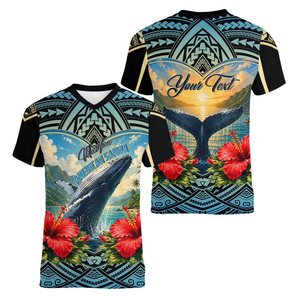 Personalized Masefau American Samoa Whale Women V-Neck T-Shirt Polynesian Tribal Pattern Tropical Hibiscus TS04 - Polynesian Pride