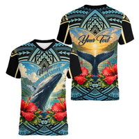 Personalized Masefau American Samoa Whale Women V-Neck T-Shirt Polynesian Tribal Pattern Tropical Hibiscus TS04 - Polynesian Pride