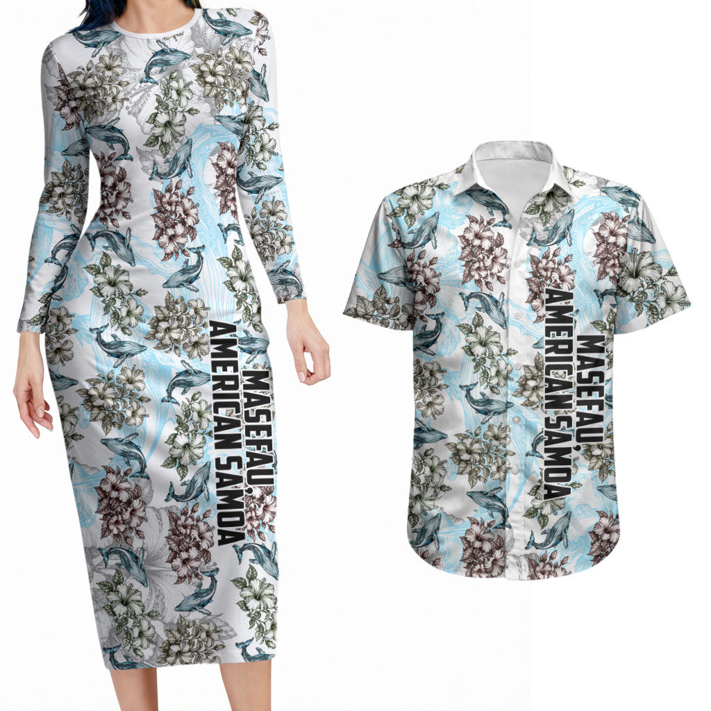 Personalized Masefau American Samoa Couples Matching Long Sleeve Bodycon Dress and Hawaiian Shirt Vintage Whale Hibiscus Ocean Waves TS04 White Blue - Polynesian Pride