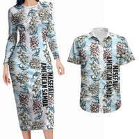 Personalized Masefau American Samoa Couples Matching Long Sleeve Bodycon Dress and Hawaiian Shirt Vintage Whale Hibiscus Ocean Waves TS04 White Blue - Polynesian Pride