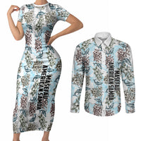 Personalized Masefau American Samoa Couples Matching Short Sleeve Bodycon Dress and Long Sleeve Button Shirt Vintage Whale Hibiscus Ocean Waves TS04 White Blue - Polynesian Pride