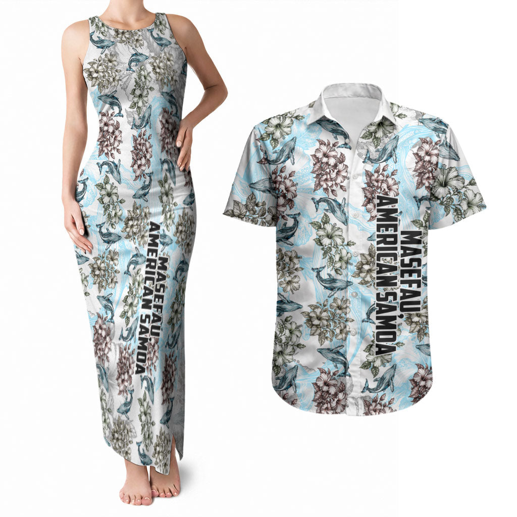 Personalized Masefau American Samoa Couples Matching Tank Maxi Dress and Hawaiian Shirt Vintage Whale Hibiscus Ocean Waves TS04 White Blue - Polynesian Pride