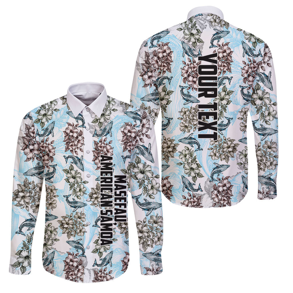 Personalized Masefau American Samoa Family Matching Off Shoulder Maxi Dress and Hawaiian Shirt Vintage Whale Hibiscus Ocean Waves TS04 Dad's Shirt - Long Sleeve White Blue - Polynesian Pride