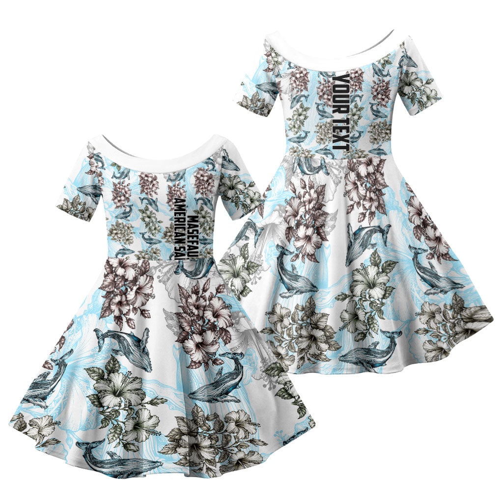 Personalized Masefau American Samoa Family Matching Off Shoulder Short Dress and Hawaiian Shirt Vintage Whale Hibiscus Ocean Waves TS04 Daughter's Dress White Blue - Polynesian Pride