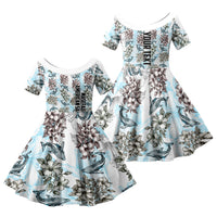 Personalized Masefau American Samoa Family Matching Puletasi and Hawaiian Shirt Vintage Whale Hibiscus Ocean Waves TS04 Daughter's Dress White Blue - Polynesian Pride